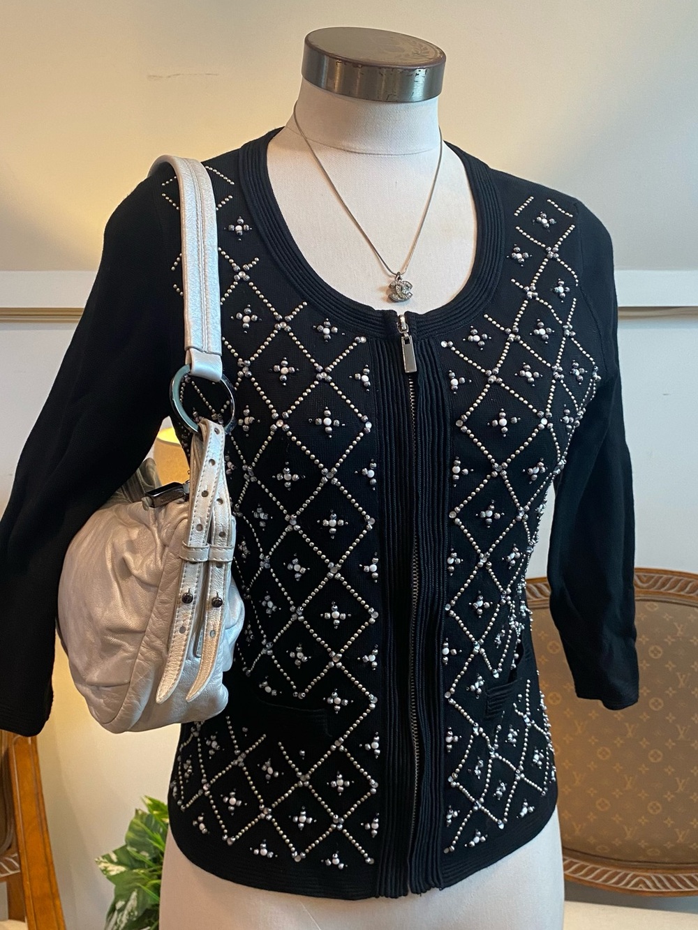 WHBM Black Beaded Zip Front Cardigan Sweater Size S Rayon-Blend Office Workwear
